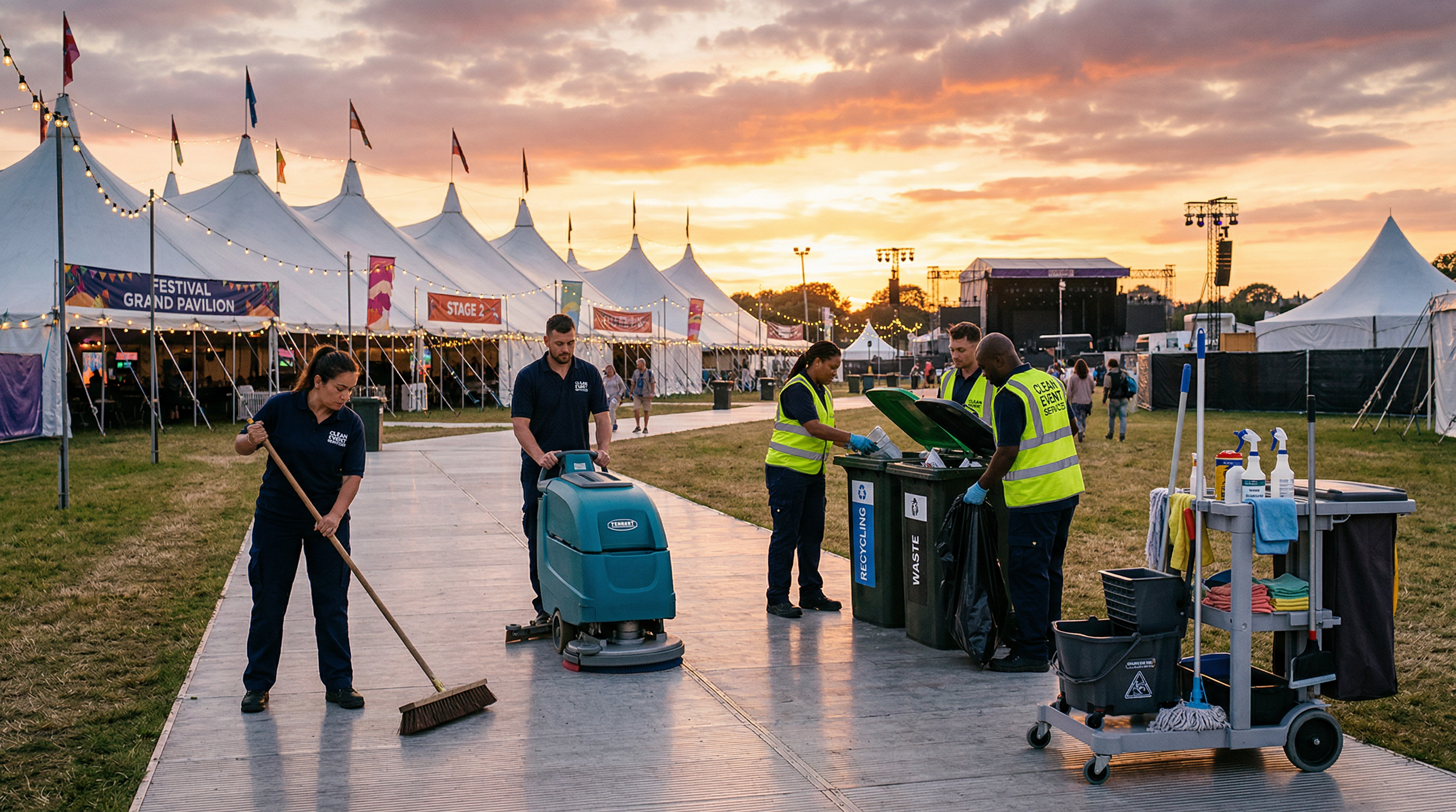 Outdoor festival venue being cleaned by professional janitorial team at sunset