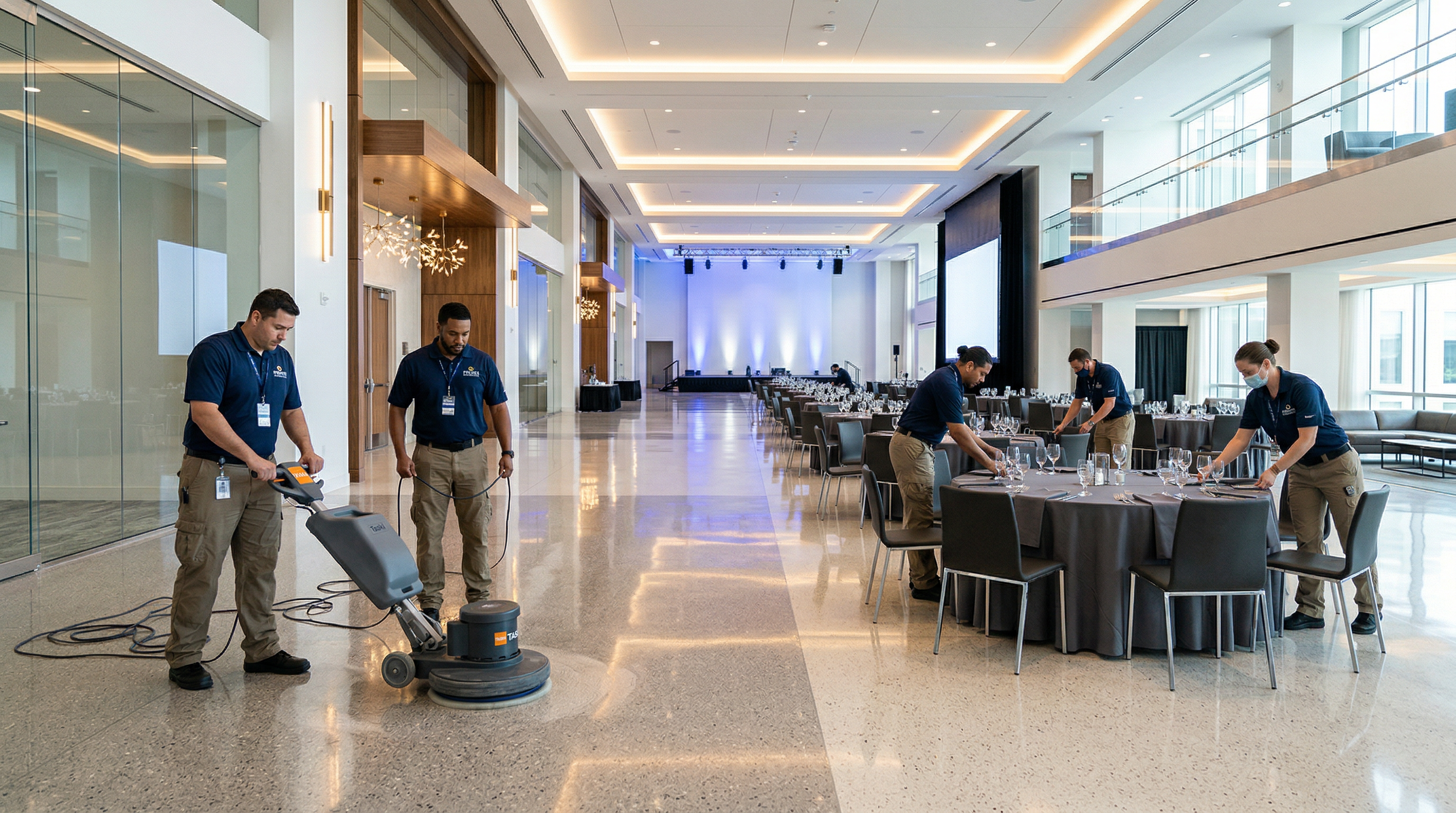 Professional cleaning crew preparing an upscale event venue